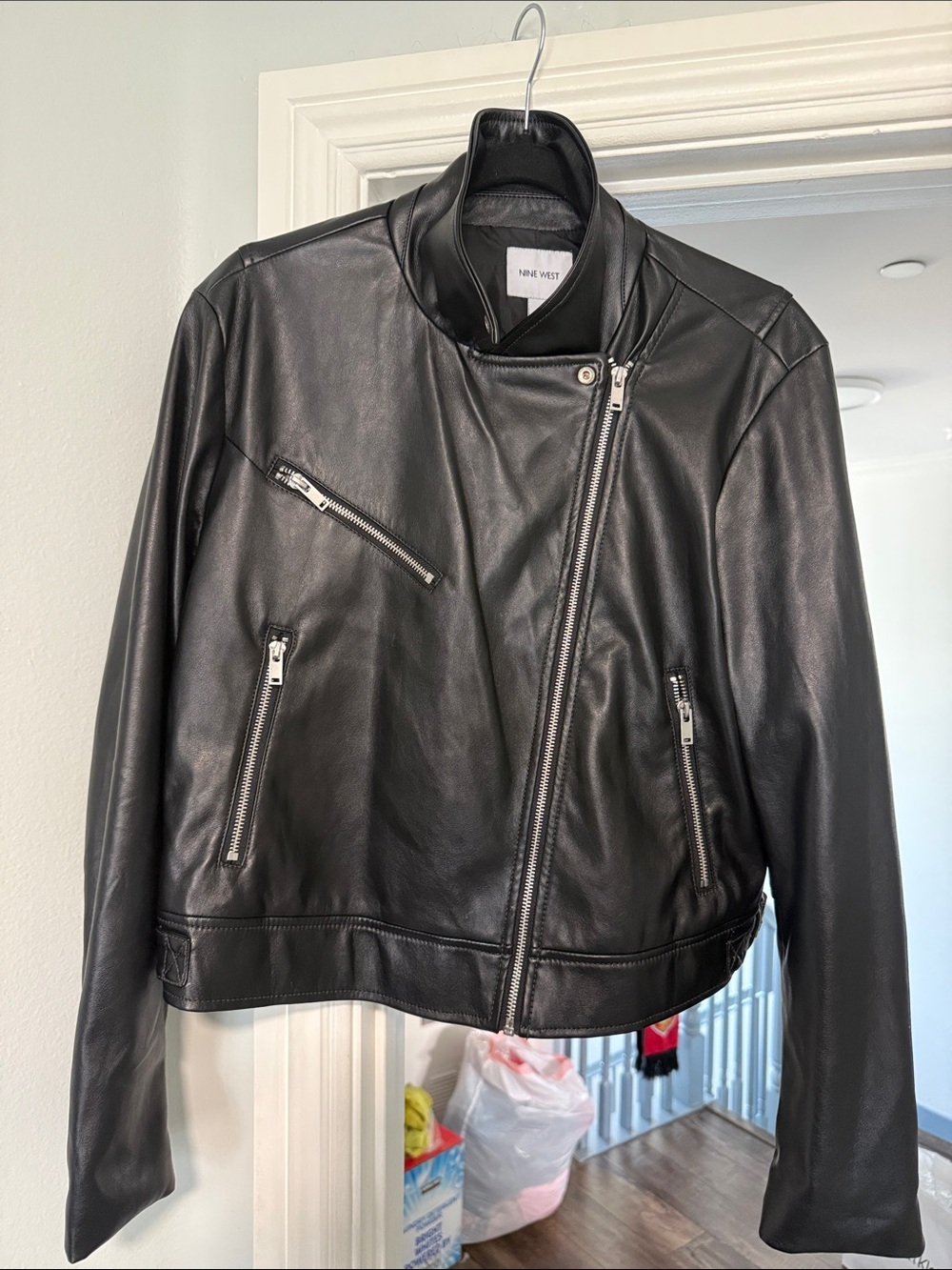 Nine West Black Asymmetrical Leather Moto Jacket